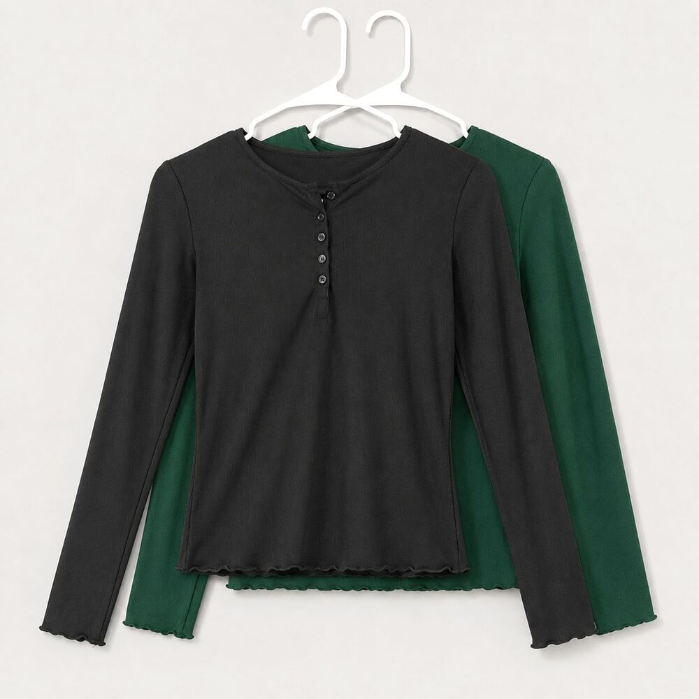 Dazy 2-Piece Ribbed Henley Tops Women’s M Black Green Long Sleeve NWT